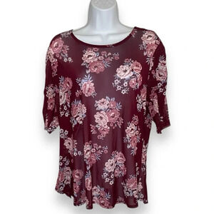 Burgundy Floral Print Mesh Blouse 3X (XXXL) Women’s Top- No Boundaries